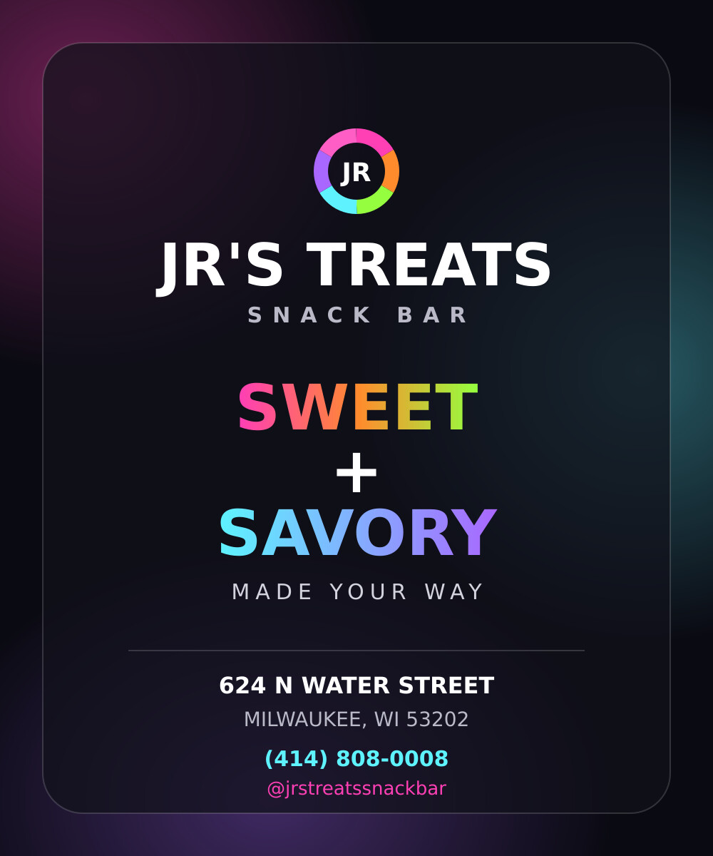 Jr's Treats Snack Bar card reading sweet plus savory, made your way, with the Water Street address and phone number